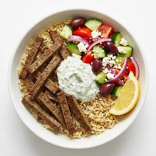 Greek Style Beef Gyro Bowl with Tzatziki & Greek Salad